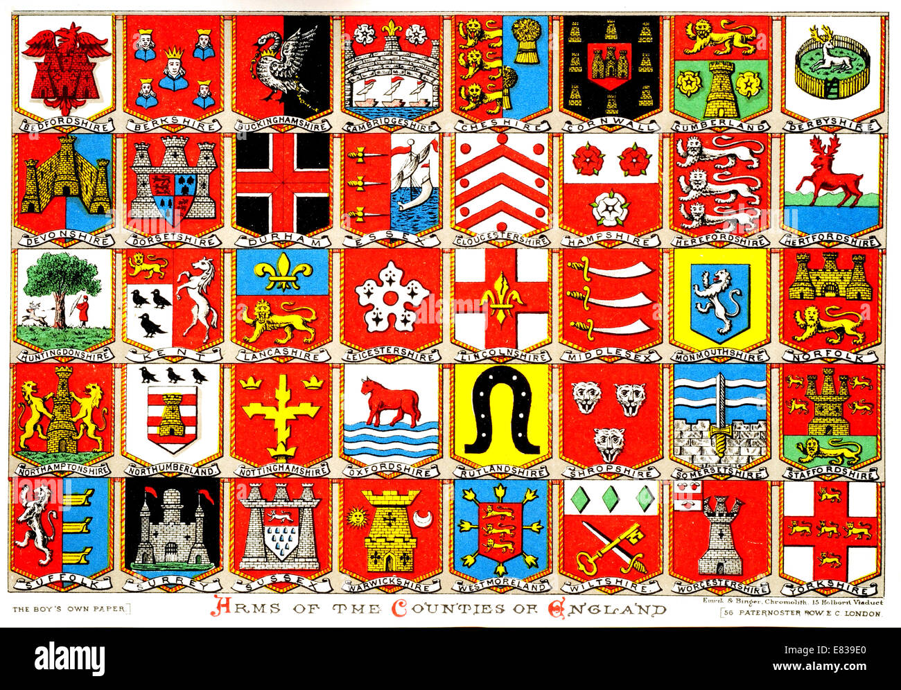 Lithograph Coats of Arms of the Counties of England circa 1885 Stock Photo