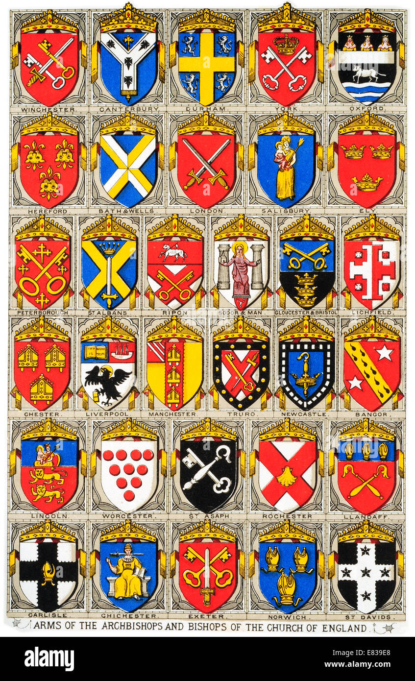 Lithograph Arms of the Archbishops and Bishops of the Church of England circa 1885 Stock Photo