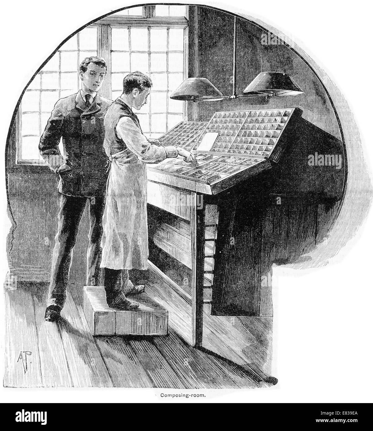 Composing type setting room circa 1885 Stock Photo