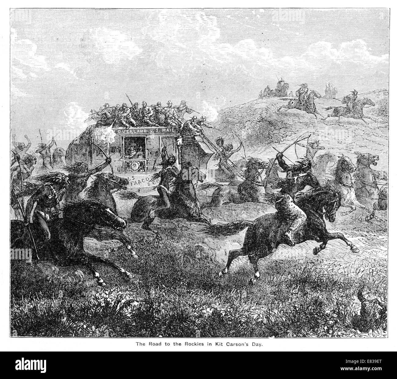 The road to the Rockies in Kit Carson's Day Wells Fargo overland US Mail stage coach under attack from hostile Indians Stock Photo