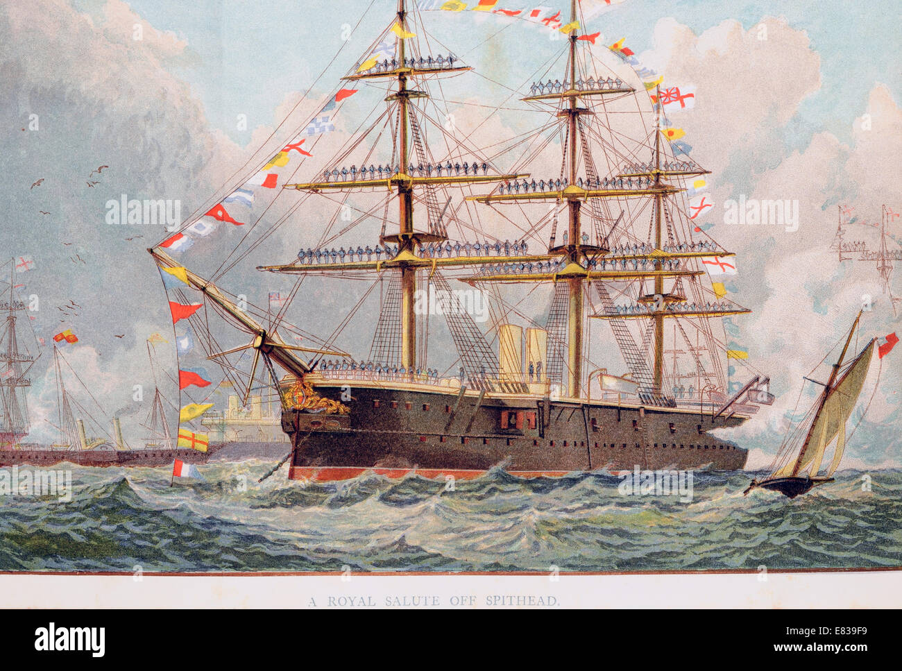 Lithograph Royal naval salute off Spithead circa 1885 Stock Photo