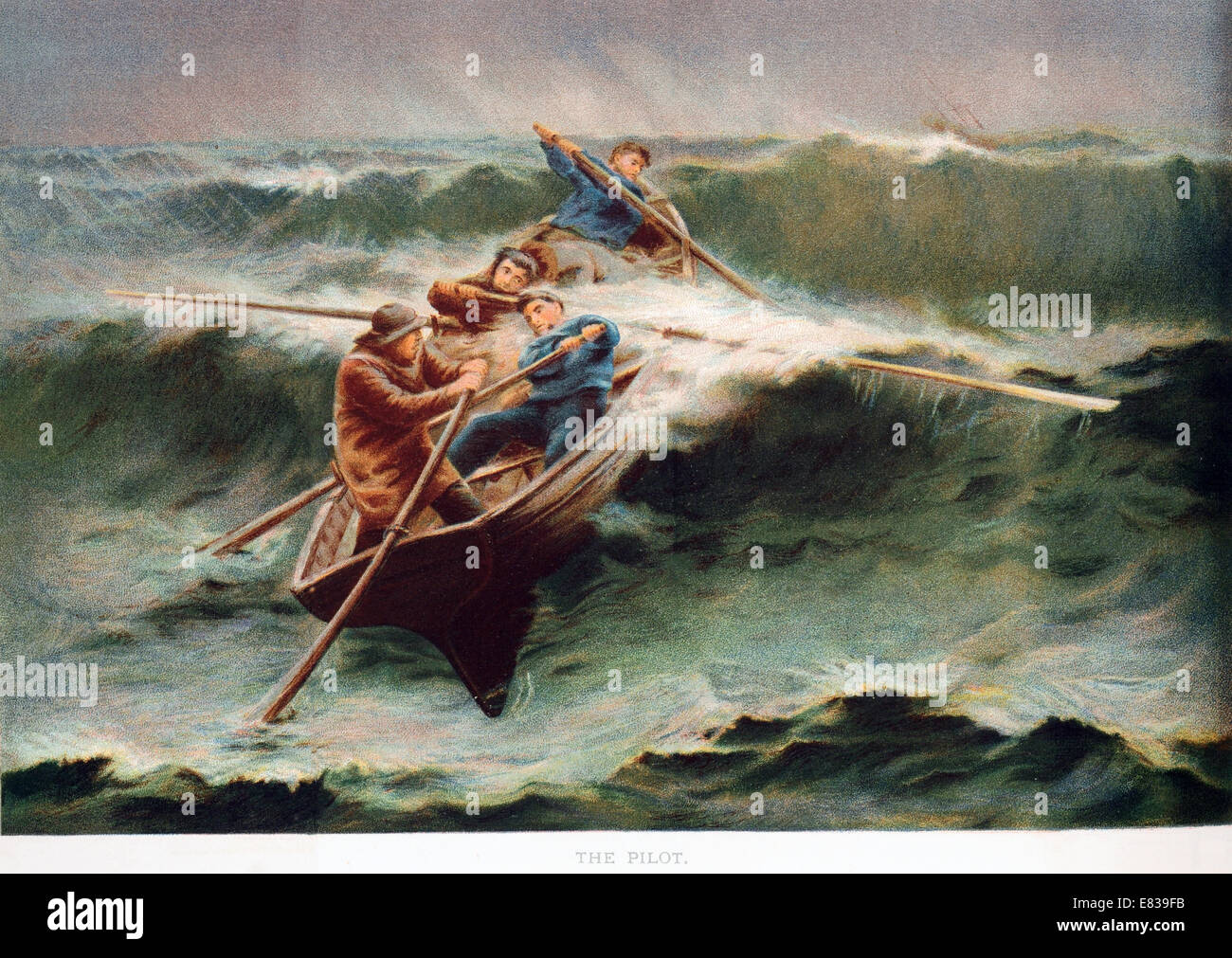 Lithograph Rowing boat in breakers circa 1885 Stock Photo