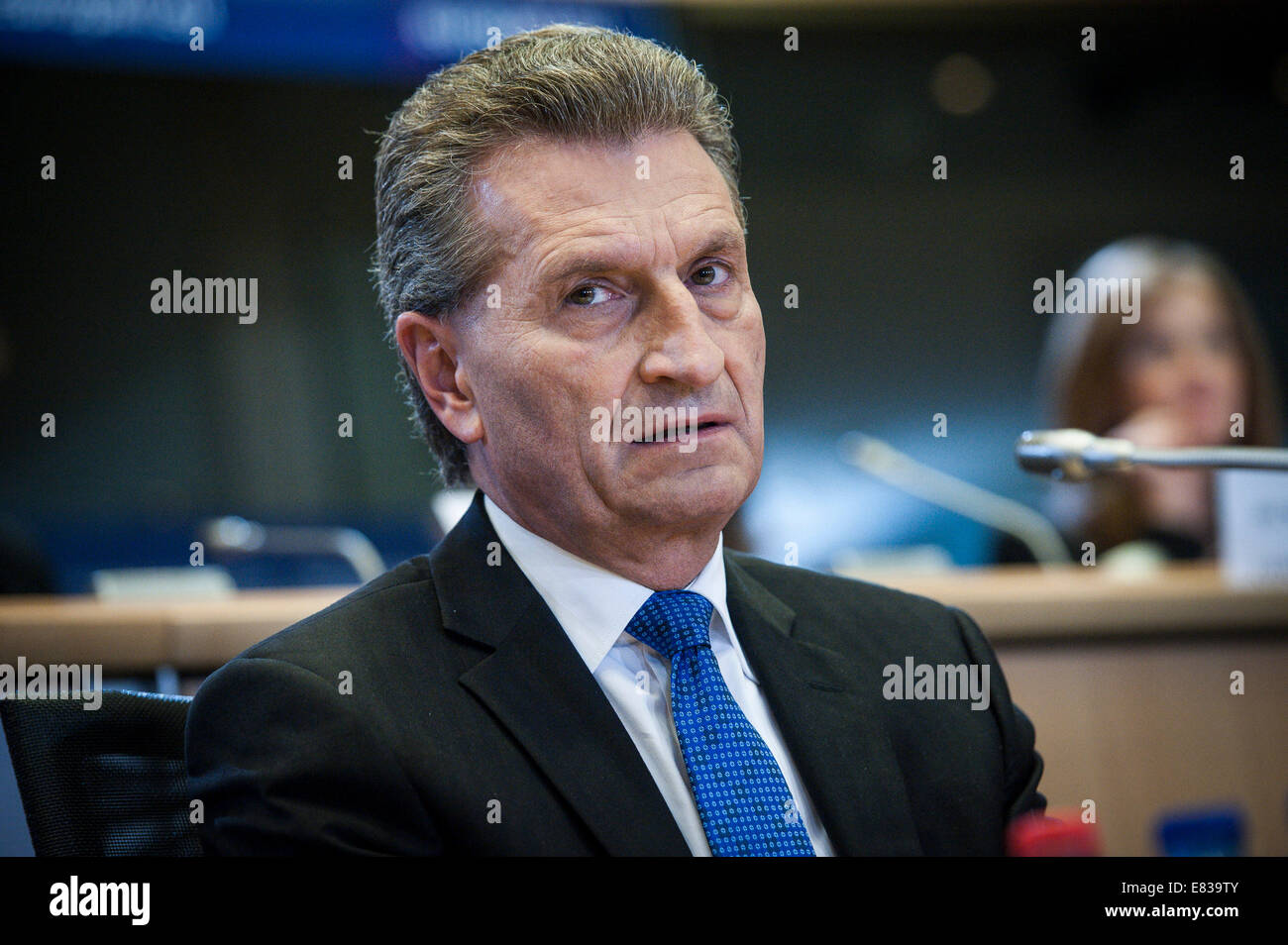 Brussels, Bxl, Belgium. 29th Sep, 2014. EU Commissioner-designate for the digital economy and society, Guenther Oettinger from Germany during a hearing by the Committee on Industry, Research and Energy, the Committee on Culture and Education, the Committee on Internal Market and Consumer Protection, the commision of Legal Affairs and the Committee on Civil Liberties, Justice and Home Affairs, at the European Parliament in Brussels, Belgium on 29.09.2014 by Wiktor Dabkowski Credit:  Wiktor Dabkowski/ZUMA Wire/Alamy Live News Stock Photo
