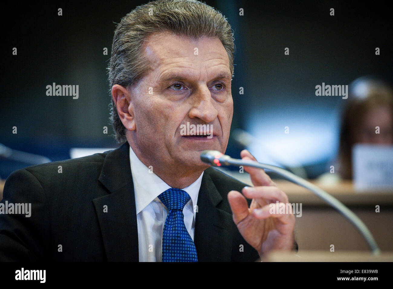 Brussels, Bxl, Belgium. 29th Sep, 2014. EU Commissioner-designate for the digital economy and society, Guenther Oettinger from Germany during a hearing by the Committee on Industry, Research and Energy, the Committee on Culture and Education, the Committee on Internal Market and Consumer Protection, the commision of Legal Affairs and the Committee on Civil Liberties, Justice and Home Affairs, at the European Parliament in Brussels, Belgium on 29.09.2014 by Wiktor Dabkowski Credit:  Wiktor Dabkowski/ZUMA Wire/Alamy Live News Stock Photo