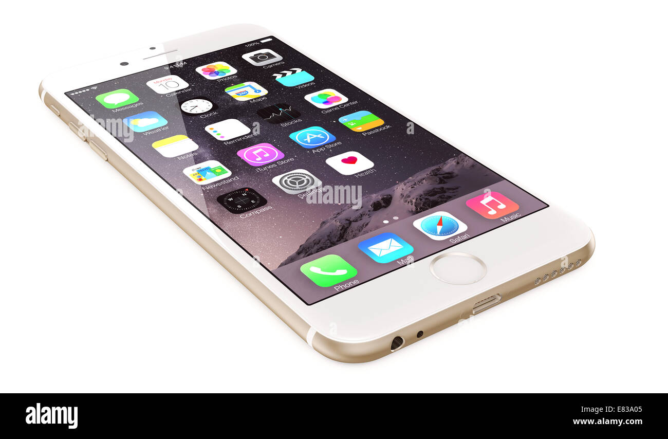 Apple Gold iPhone 6 Plus showing the home screen with iOS 8. Stock Photo