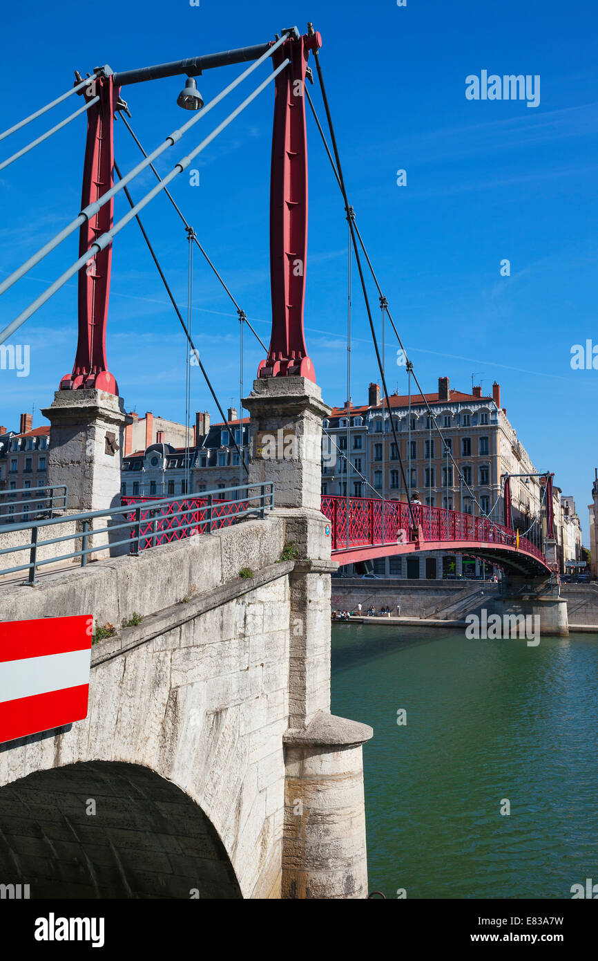 View of Lyon city with red footbridge Stock Photo