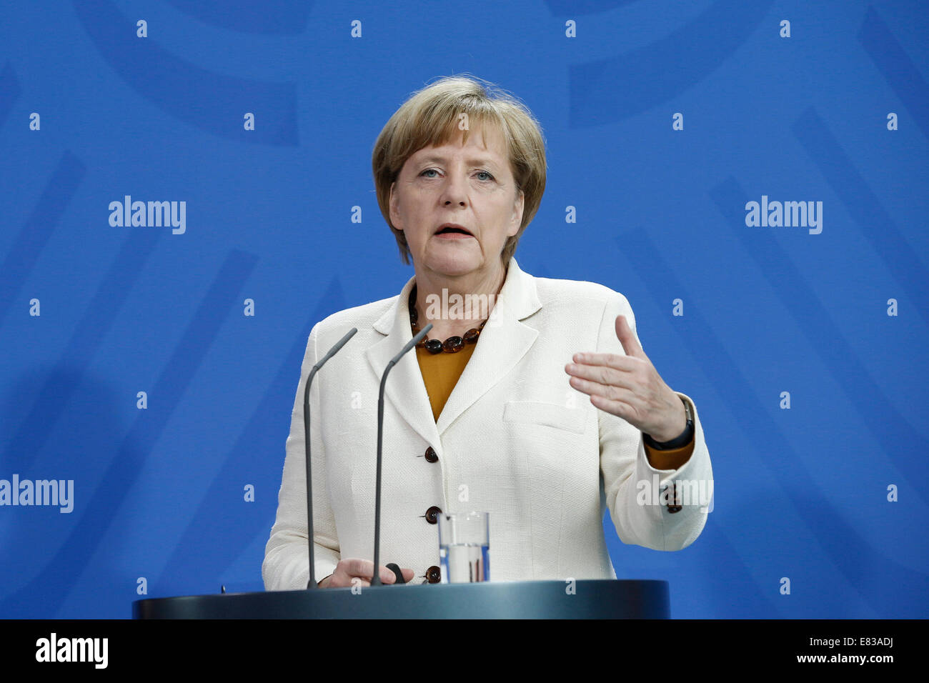 Berlin, Germany. 29th Sep, 2014. Alexander Stubb, Prime Minister of Finland, and the German Chancellor Angela Merkel (CDU), give a joint press conference after meeting at the German Chancellery on september 29th, 2014 in Berlin, Germany. / Picture: German Chancellor Angela Merkel. Credit:  Reynaldo Chaib Paganelli/Alamy Live News Stock Photo