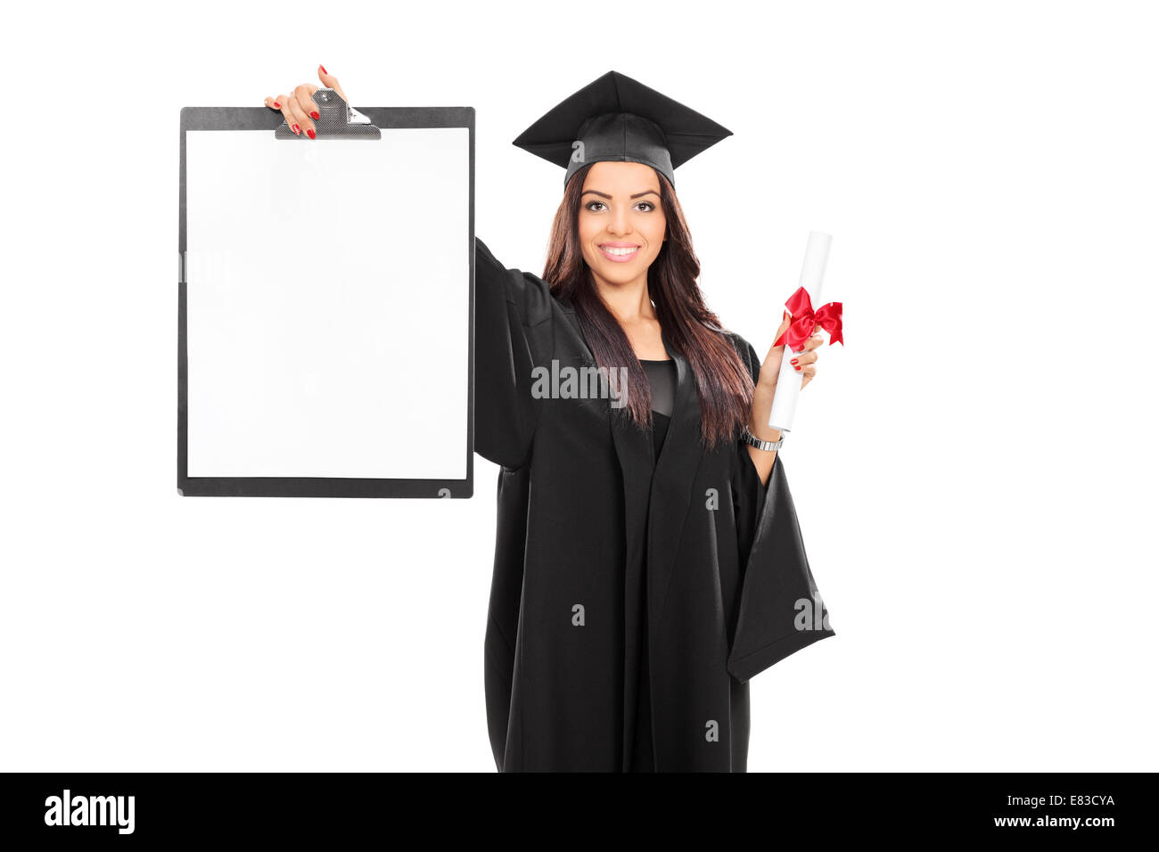 Female graduate student holding a clipboard and a diploma isolated on ...