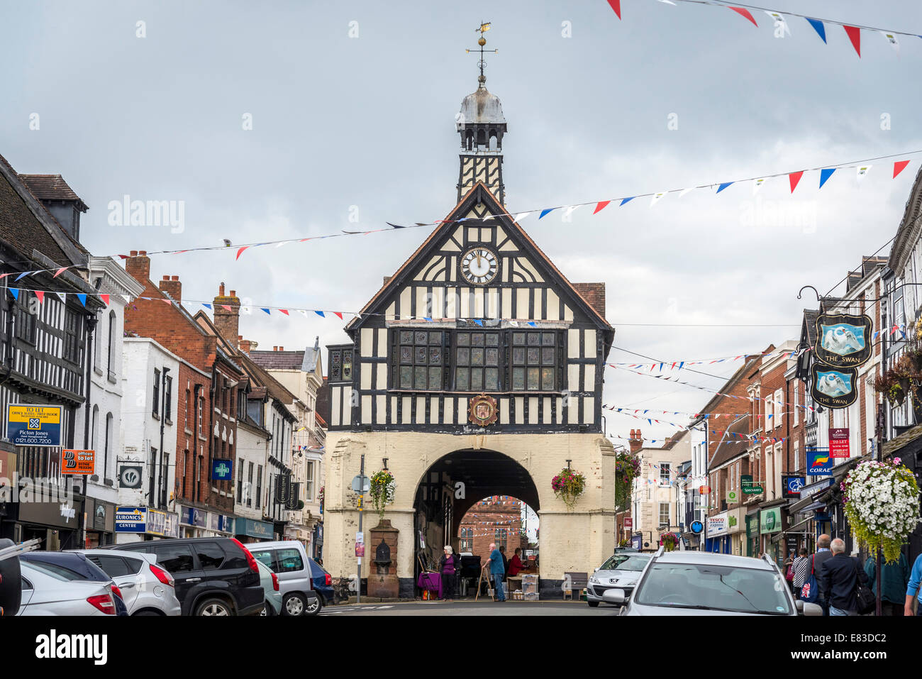 Originally a barn, the Town Hall, a black and white building was erected in 1650 in Bridgnorth High Street. Stock Photo