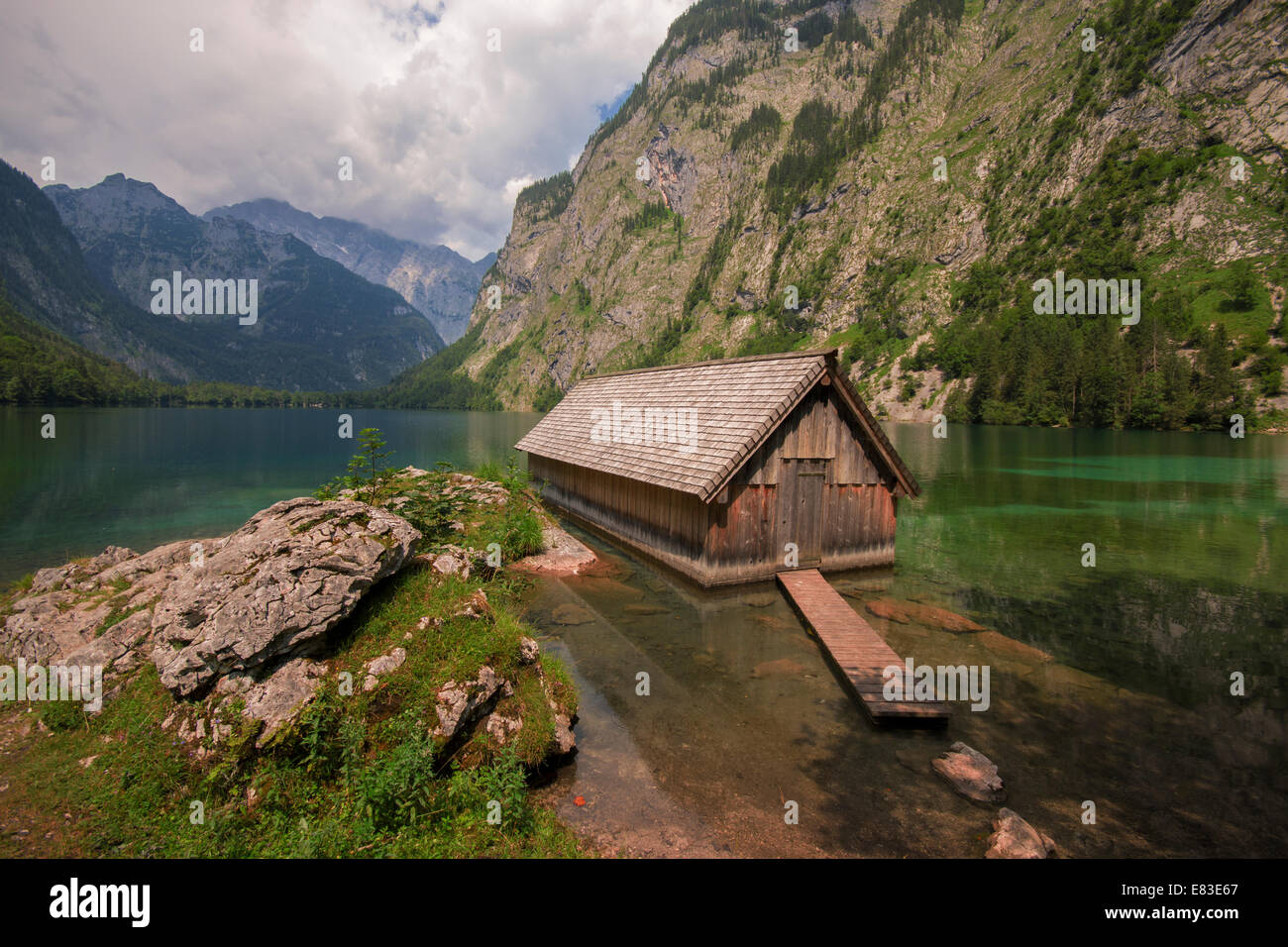 Boathouse by the lake Obersee Salet - Königssee Bavaria Germany Stock Photo
