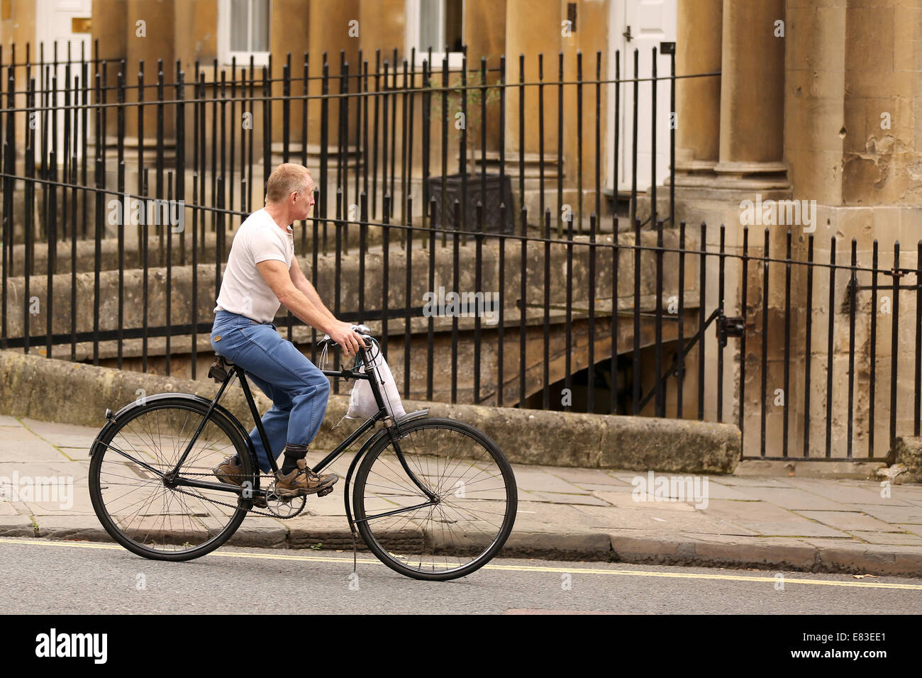 Mature guy on his old traditional bike in Bath, 13th September 2014 Stock Photo