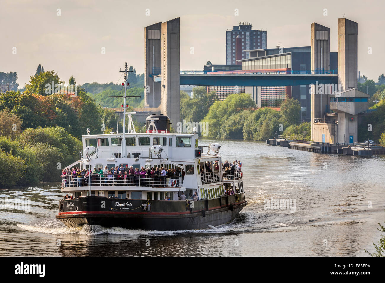The Manchester Ship canal Centenary bridge with the Merseytravel ferry The Royal Iris at Salford. Stock Photo
