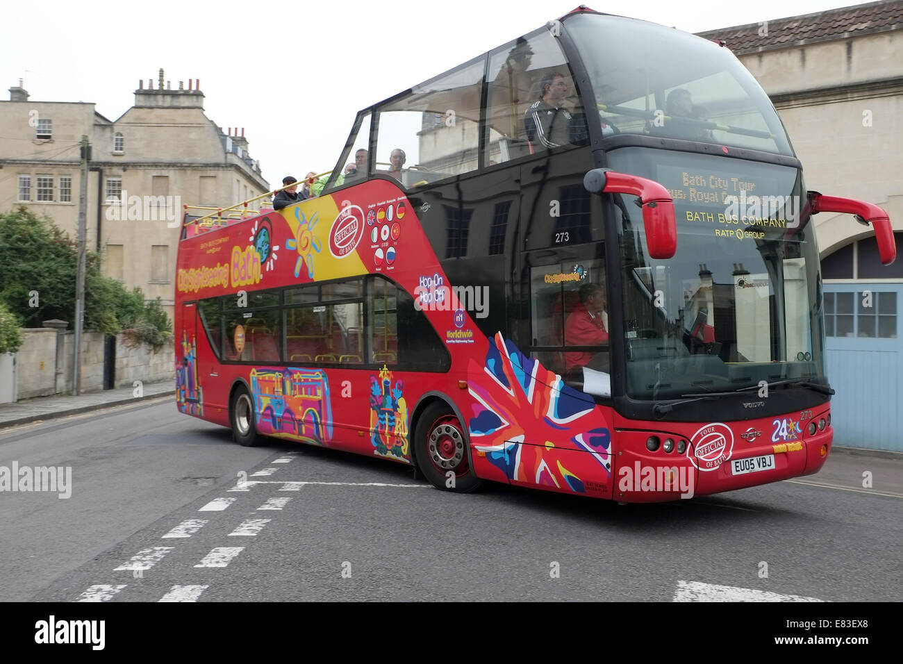 Open top tourist double deck bus in Bath, 13th September 2014 Stock Photo