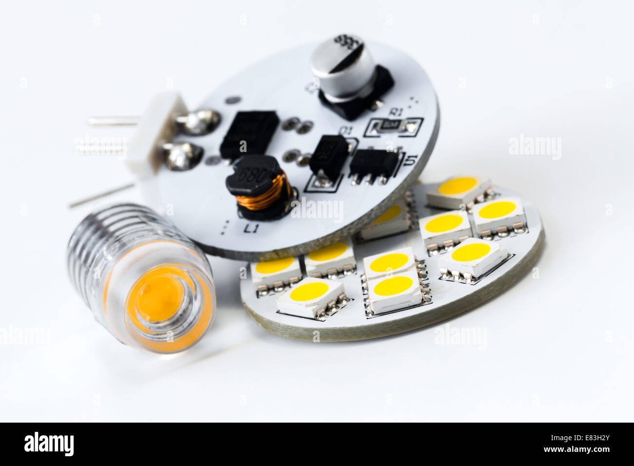 two different types of G4 LED bulbs and electronics side of led lights with 12 SMD chips Stock Photo