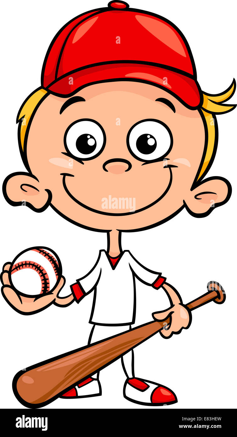 Cartoon Illustration of Funny Boy Baseball Player with Bat and Ball Stock  Photo - Alamy