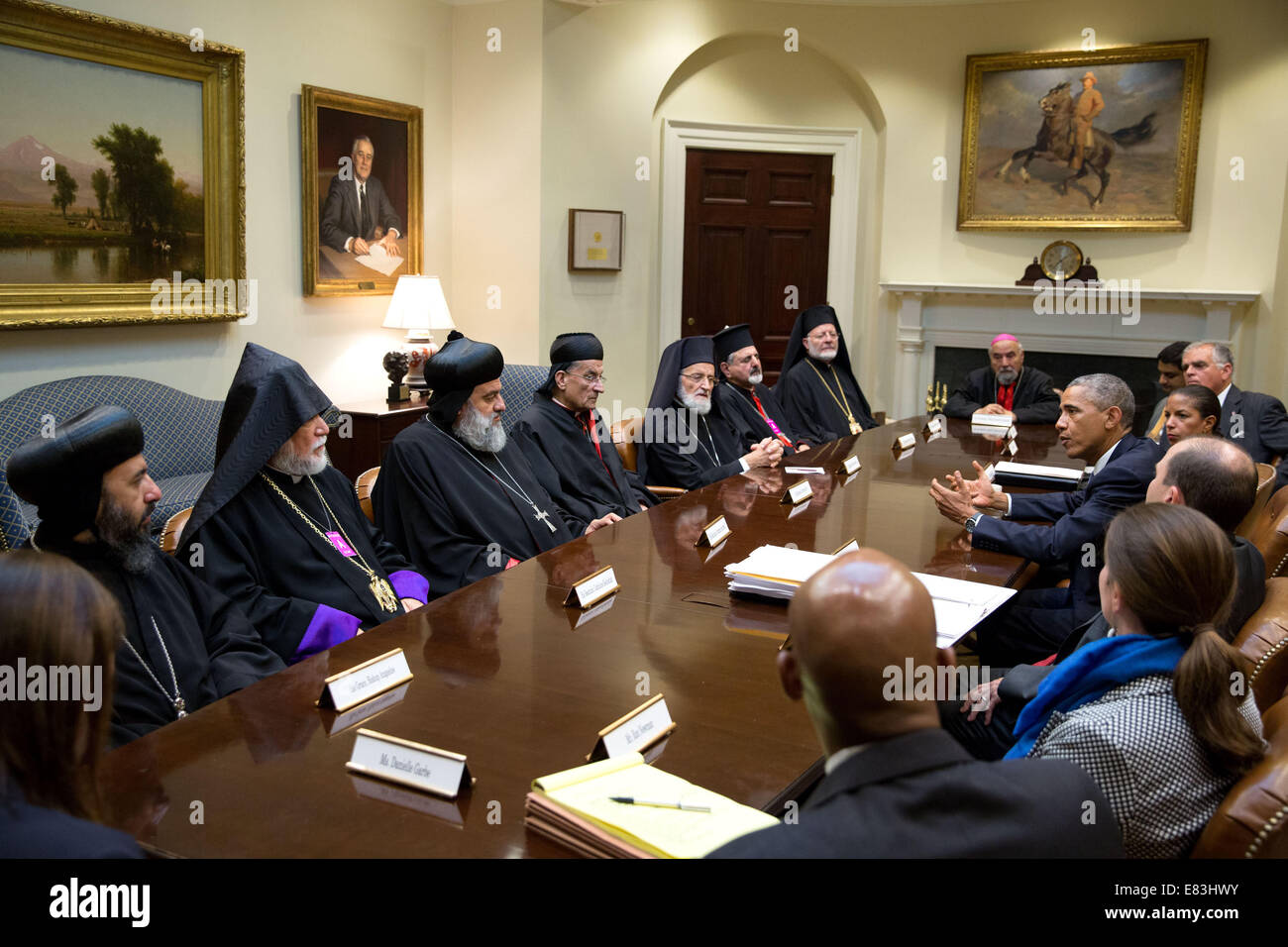 President Barack Obama meets with Lebanese Maronite Patriarch Bechara Rai and Religious Leaders in the Roosevelt Room. Stock Photo