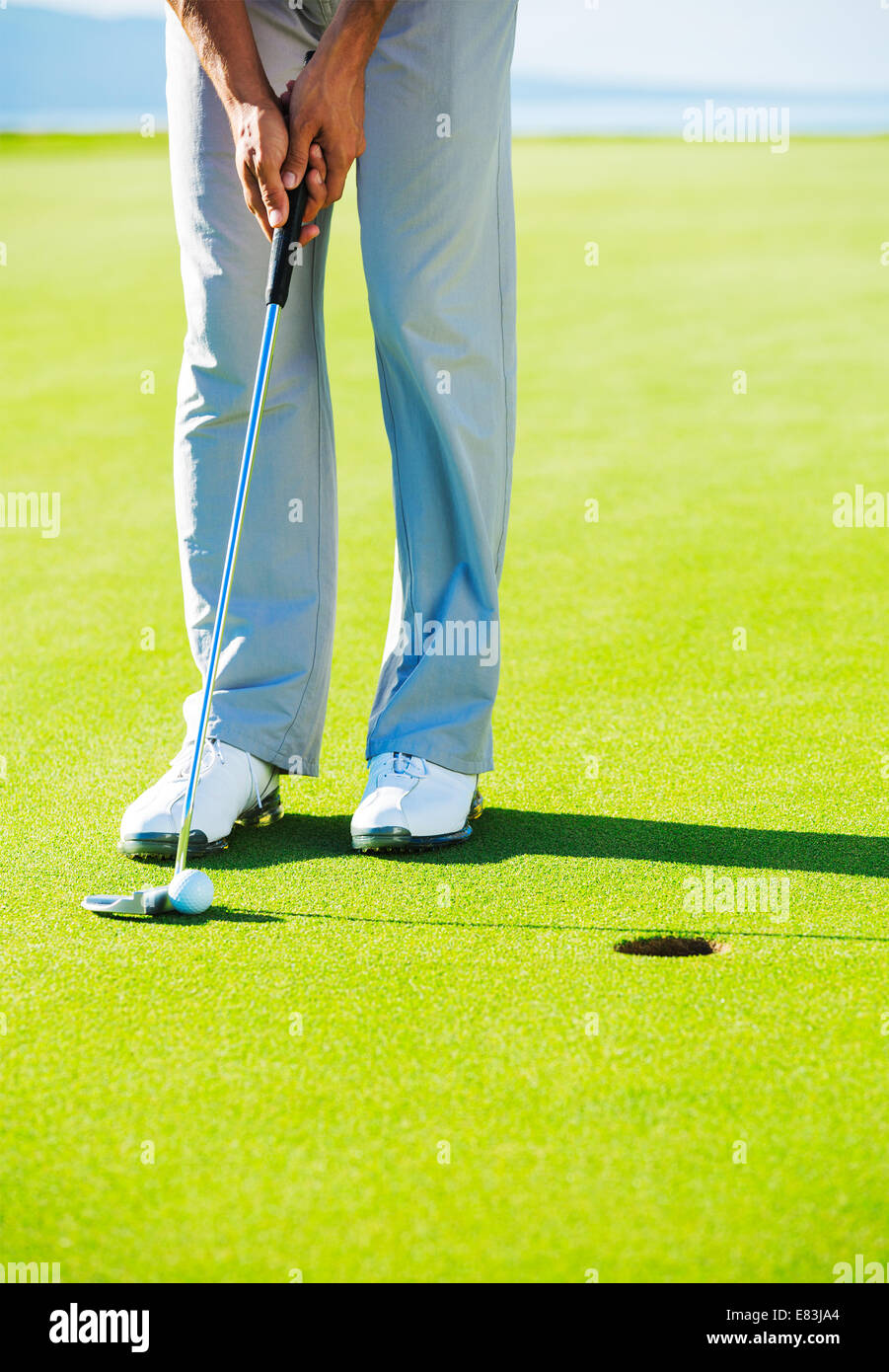 Golfer on Putting Green Hitting Golf Ball into the Hole Stock Photo