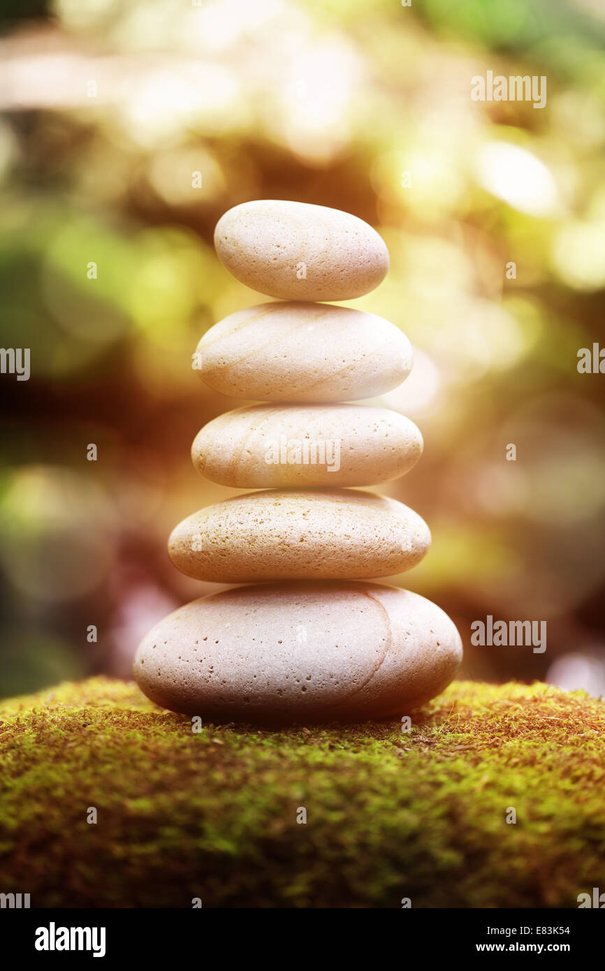 Stack of pebble stones by a stream in a forest at sunset Stock Photo