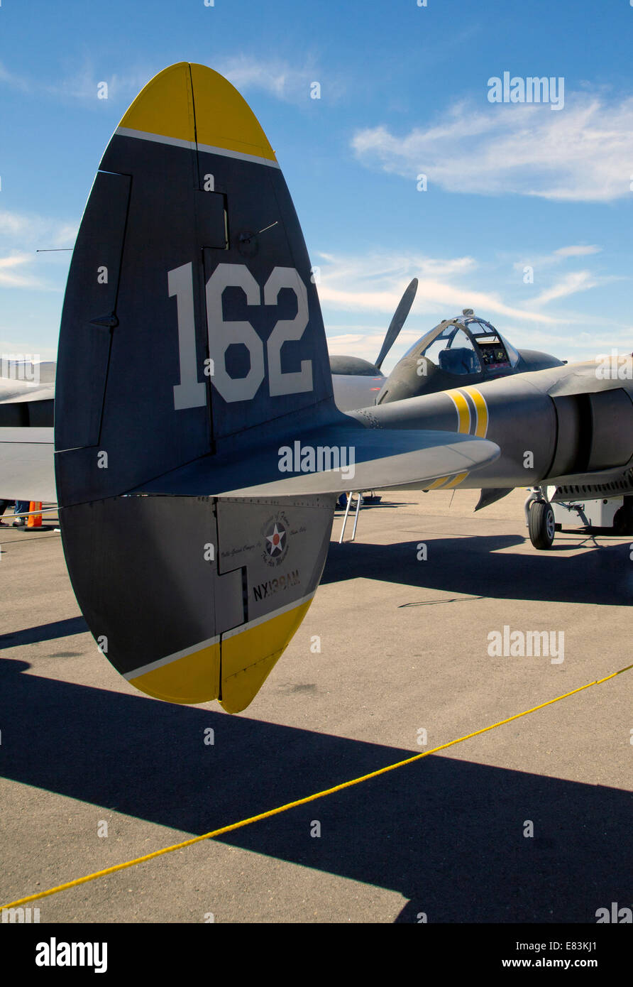 Tail boom of restored P-38 Lightning at Warbirds Museum, Nampa, Idaho, 2014. Stock Photo