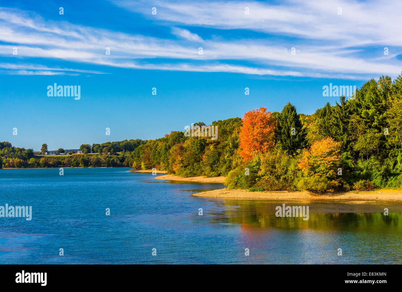 Early autumn color on the shore of Lake Marburg, in Codorus State Park, Pennsylvania. Stock Photo