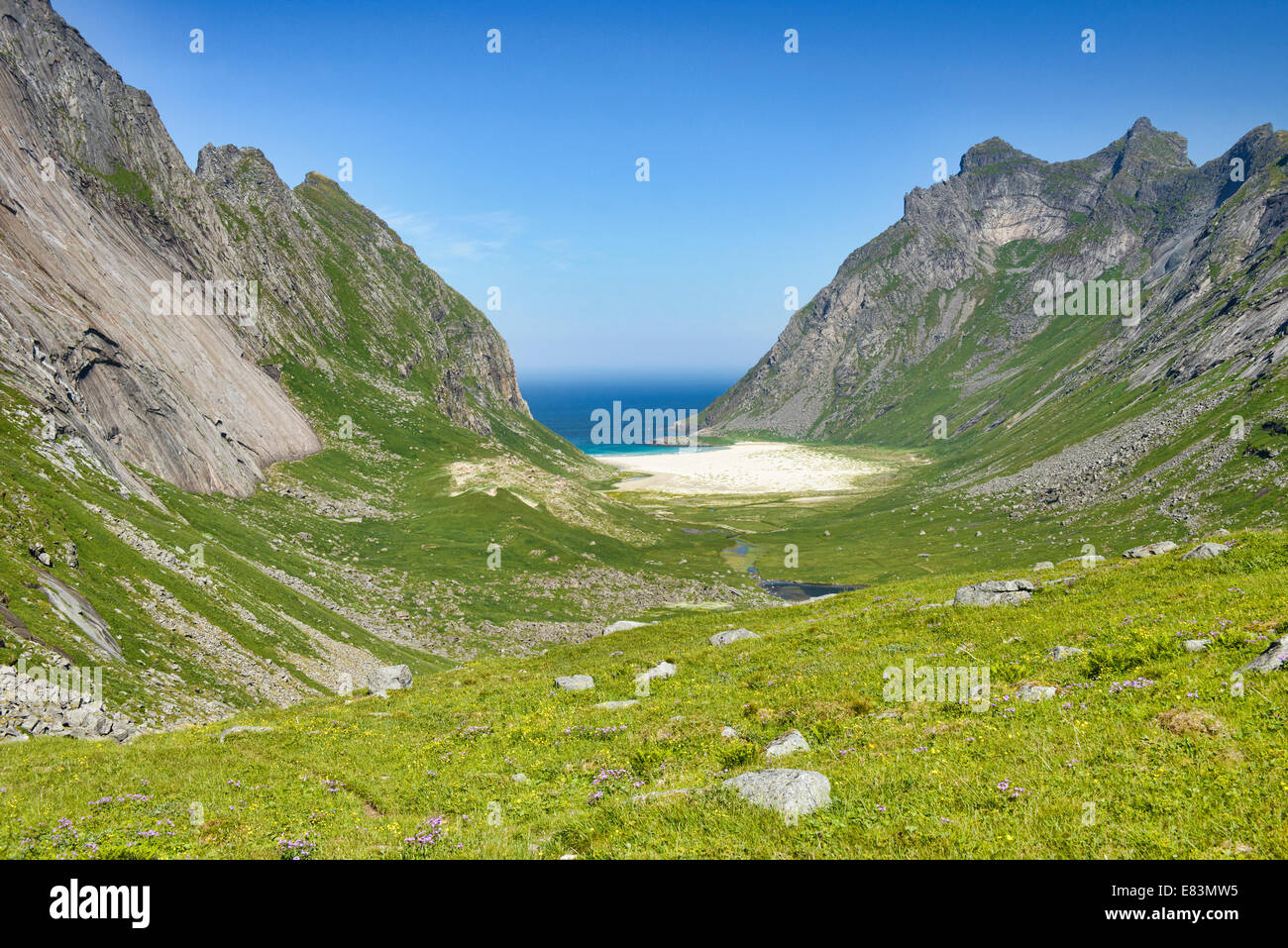 view of remote Horseid Beach in the Lofoten Islands, Norway Stock Photo