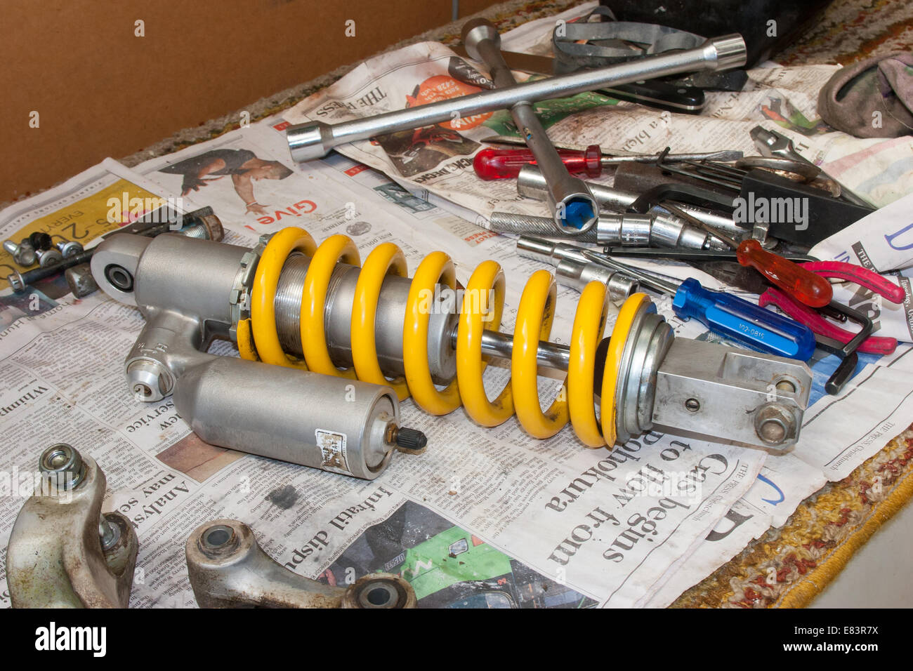 Motorcycle Maintenance rear shock absorber Stock Photo Alamy