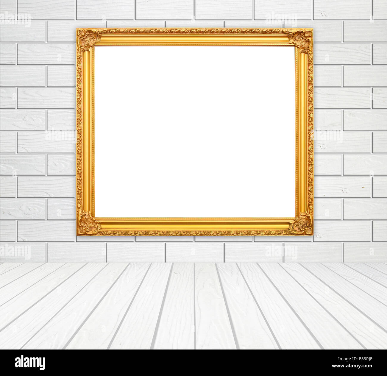 Blank Golden Frame In Room With White Wood Wall Block Style