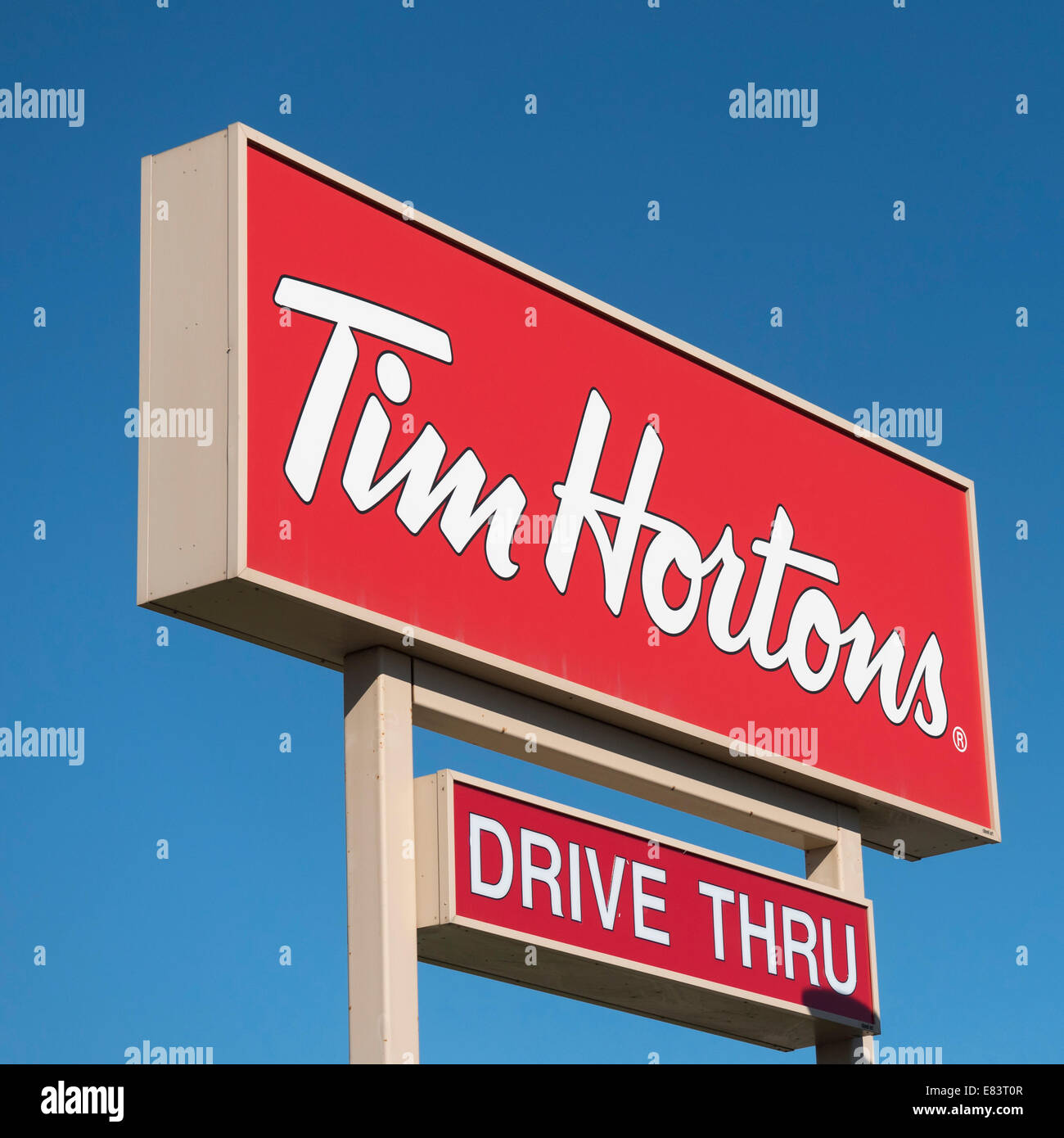 Tim Hortons fast food service restaurant sign Stock Photo