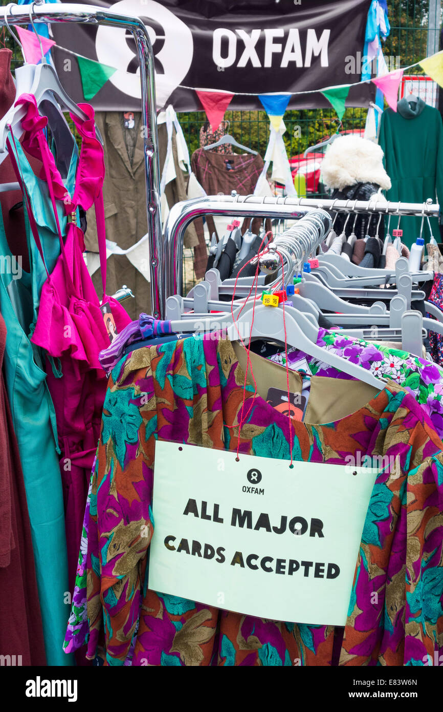 All major credit cards accepted sign on Oxfam clothes stall at The Festival of Thrift. UK Stock Photo