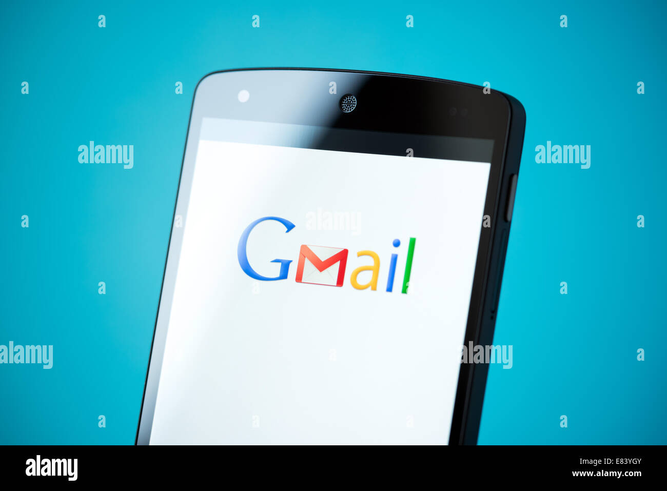 Close-up shot of brand new Google Nexus 5, powered by Android 4.4 version with Gmail logotype on a screen. Stock Photo