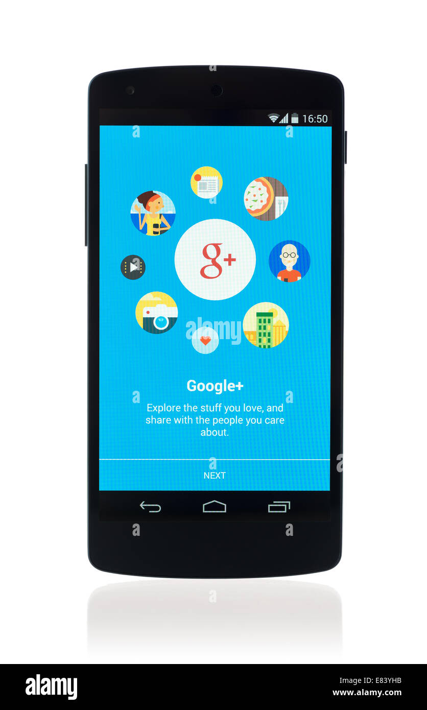 Studio shot of brand new Google Nexus 5, powered by Android 4.4 version, with Google Plus mobile application on a screen. Stock Photo