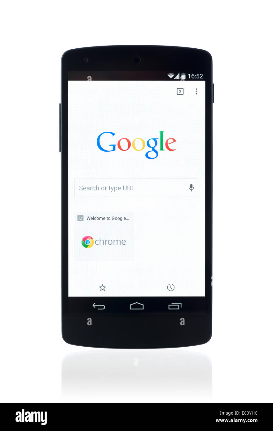 Studio shot of brand new Google Nexus 5 with Google search webpage in Chrome browser on a screen. Stock Photo
