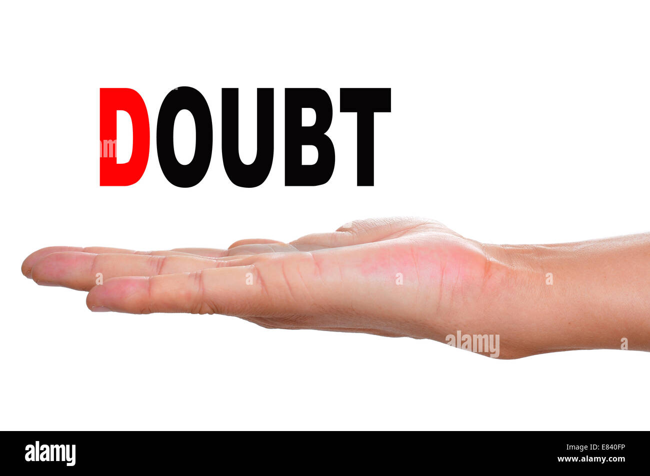 the hand of a man holding the word doubt on a white background Stock Photo