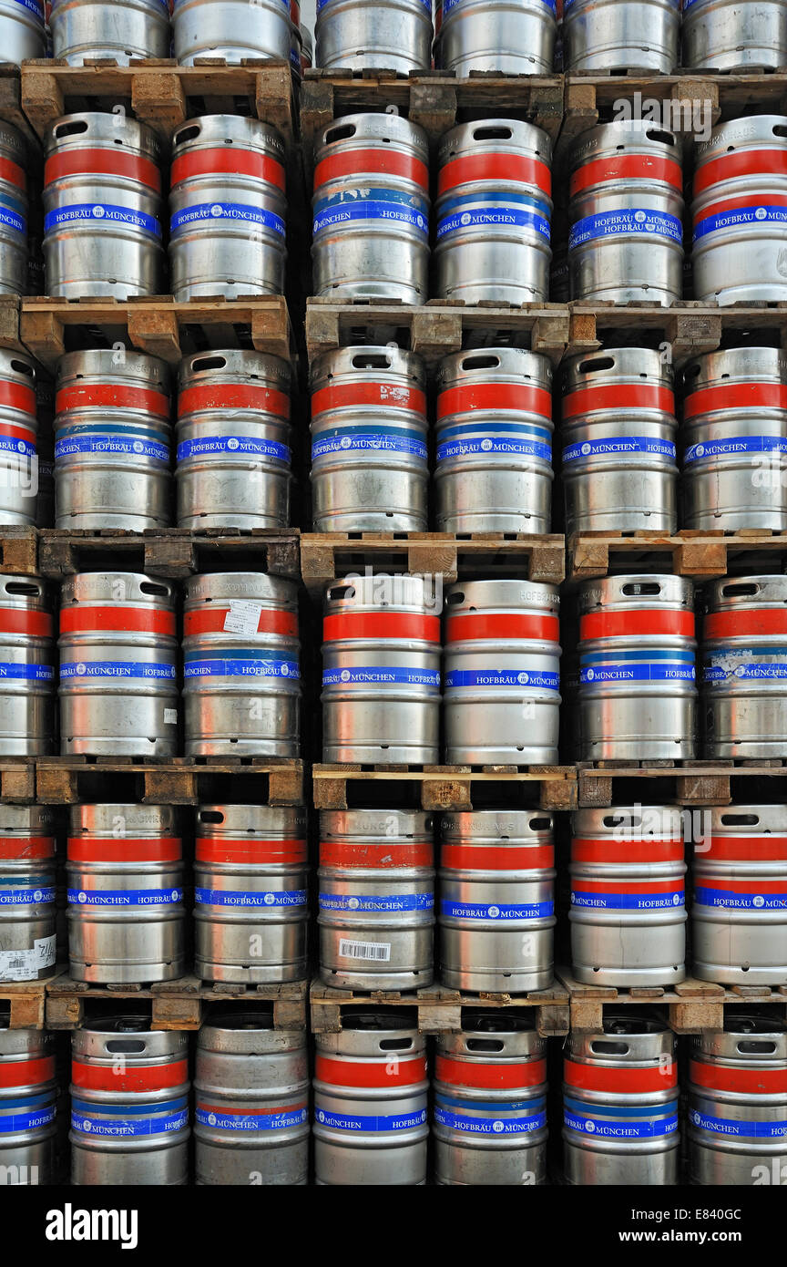 Metal beer kegs, barrels, stacked on pallets, Bavaria, Germany Stock