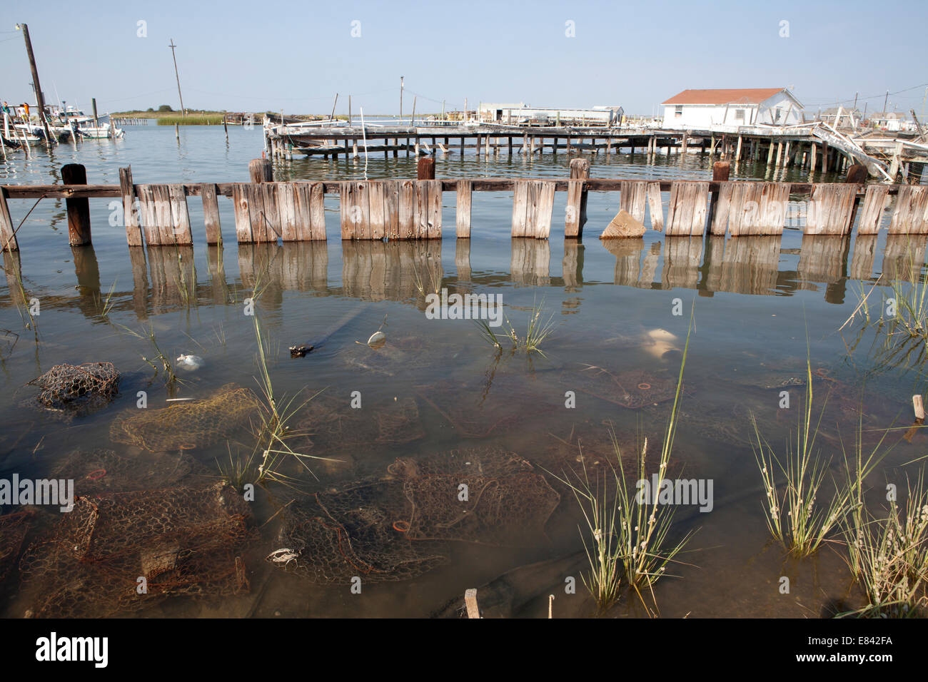 Wooden piers and discarded lobster pots in shallow water, Chesapeake Bay, Tangier Island Virginia, USA Stock Photo