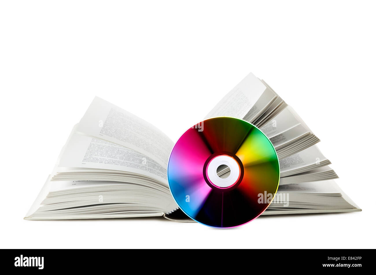 open book with near compact disk, on white background Stock Photo