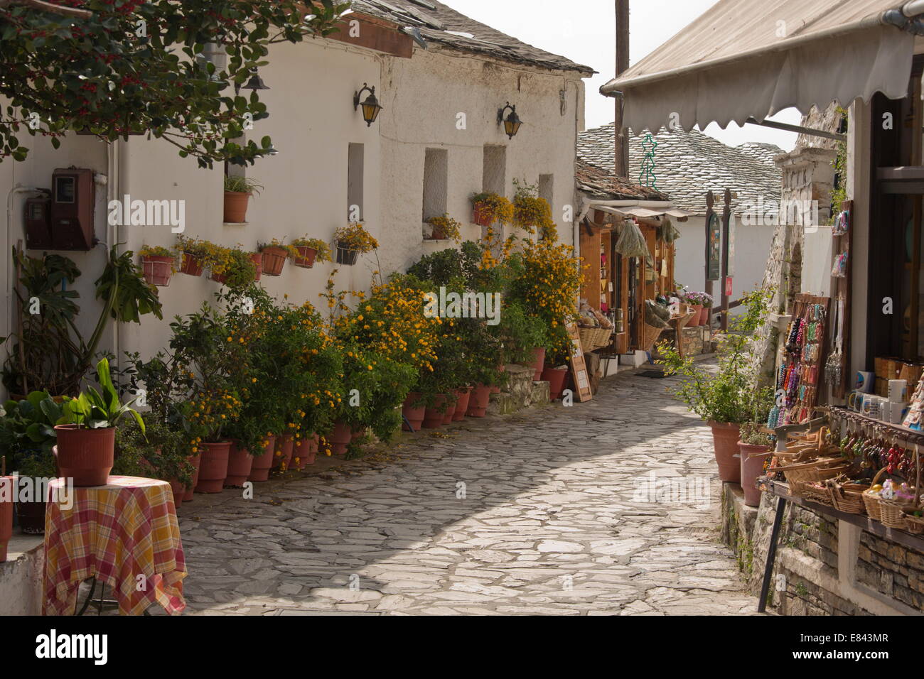 Cobbled paved street in hill village of Makrinitsa, Pilion peninsula, Greece. Stock Photo