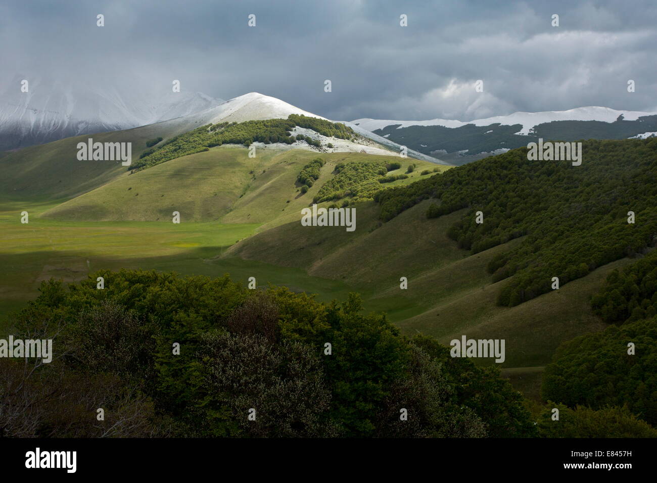 Looking into the Piano Grande, in spring, from the south; Monti Sibillini National Park, Italy. Stock Photo