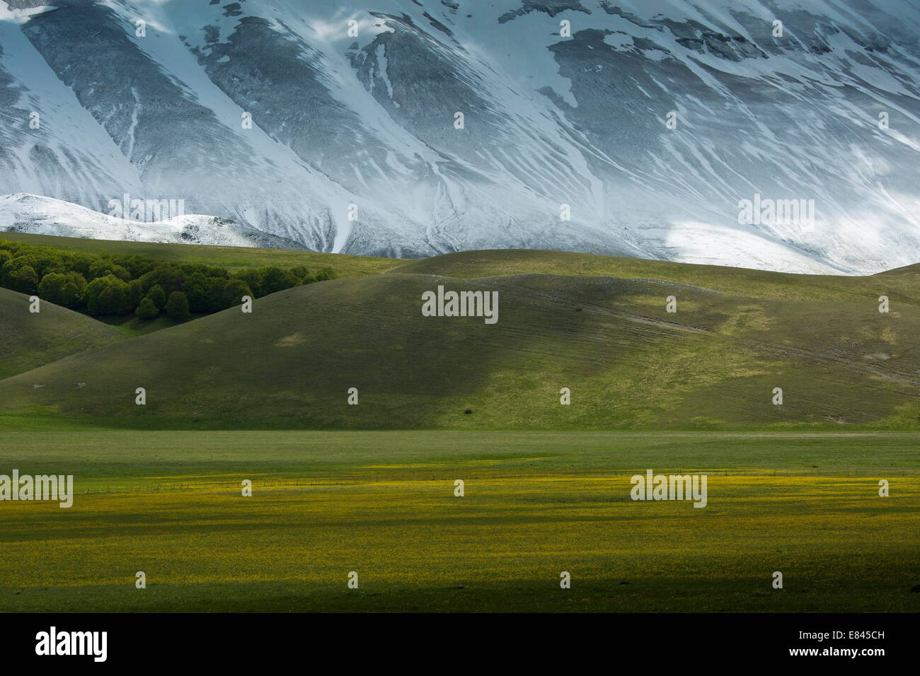 The Piano Grande - a large flat inwardly-draining plain - in spring, Monti Sibillini National Park, Italy. Stock Photo