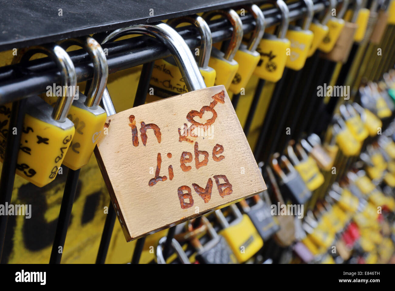 Germany, Dortmund, Signal Iduna Park soccer stadium: The so called 'Wall of Love' (writing says 'real love') bat the stadium, fans of the soccer club Borussia Dortmund can express their love to their club with love locks Stock Photo