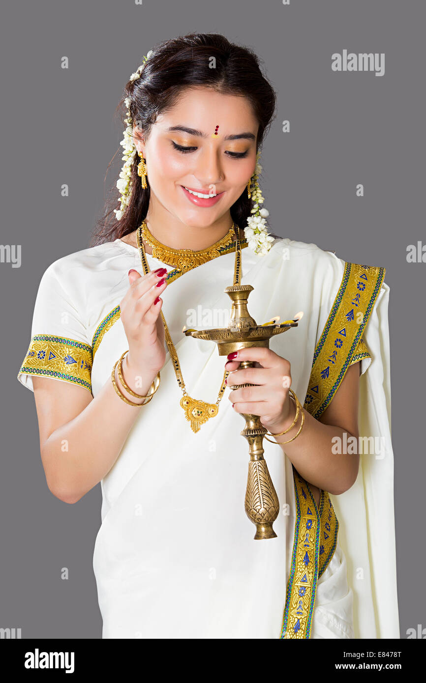 South Indian ladies Oil Lamp Worship Stock Photo Alamy
