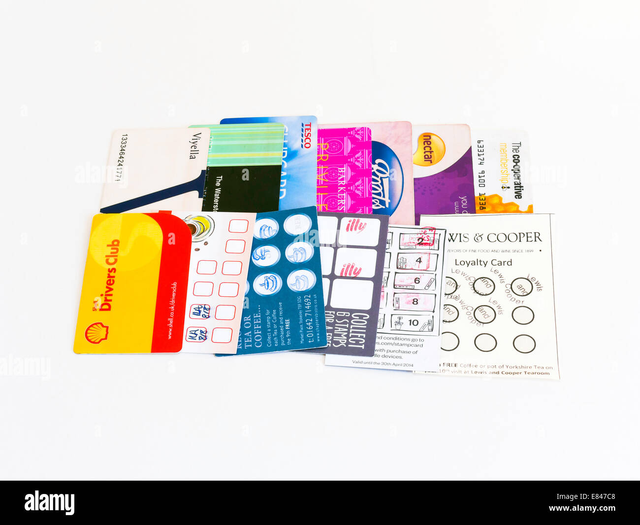 A collection of loyalty cards for cafés restaurants and retail outlets on a white background Stock Photo
