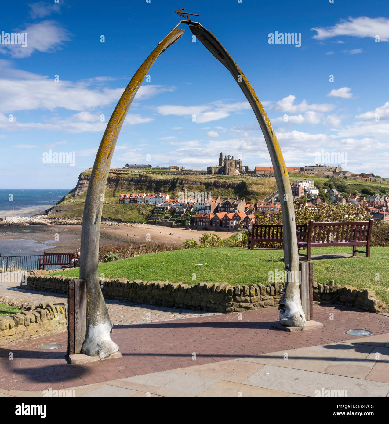 Whitby abbey seen through the whale bones on West Cliff Stock Photo