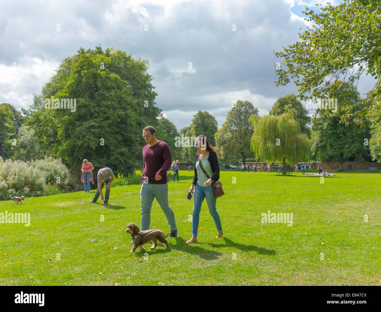 Summer Sunday afternoon, couples with children and dogs stroll and enjoy the sunshine on the