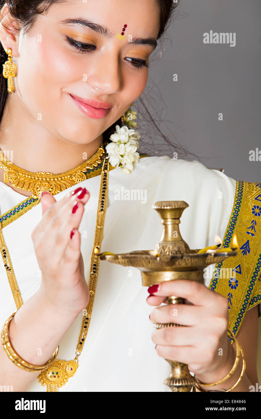South Indian ladies Oil Lamp Worship Stock Photo Alamy