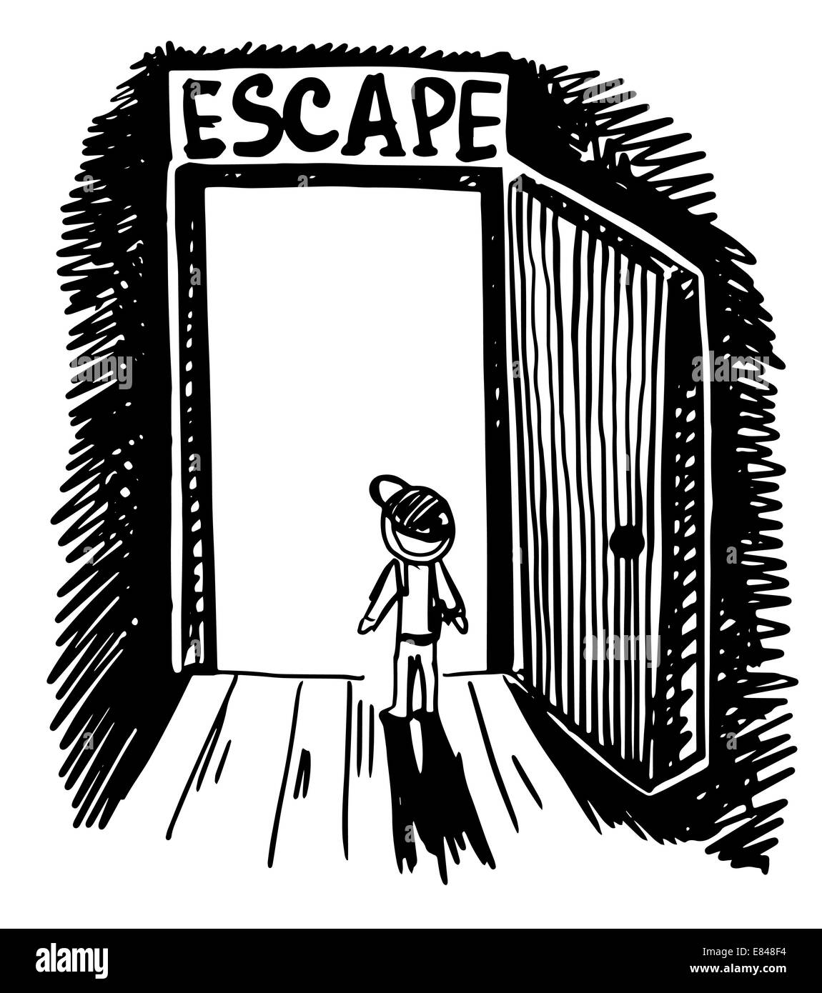 black and white doodle sketch ink drawing of escape outside, eng Stock Photo