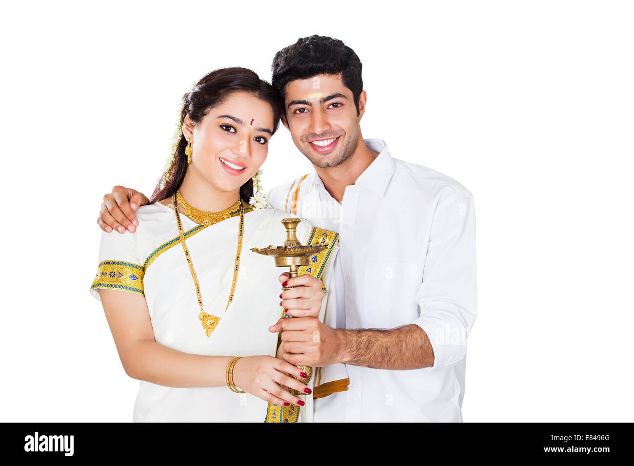 South Indian couple Oil Lamp Worship Stock Photo