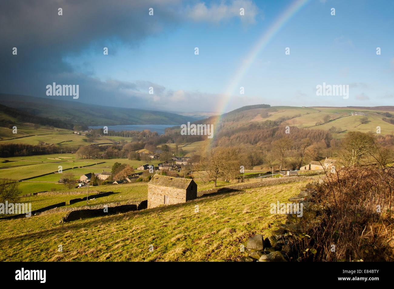 Rainbow over Nidderdale, Yorkshire Dales, England Stock Photo
