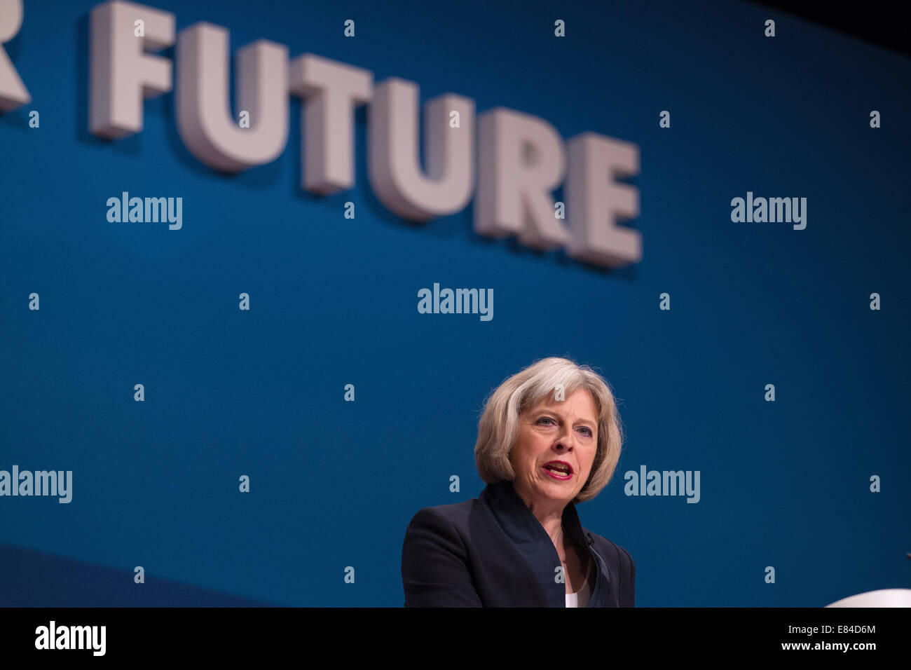 Birmingham, UK. 30th September, 2014.  Conservative Party Conference, Birmingham, UK 30.09.2014 Picture shows Theresa May, Home Secretary givining her speech at the Conservative Party Conference in Birmingham, UK Credit:  Clickpics/Alamy Live News Stock Photo