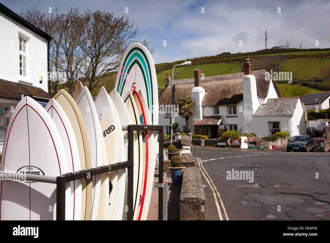 UK, England, Devon, Croyde village, surfboards for sale Stock Photo